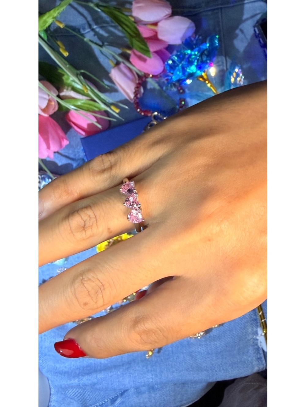 Silver 925 solid Ring with Pink Heart-Shaped Gemstones